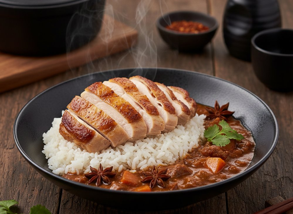 Savory Spicy Curry Rice with roasted chicken topping